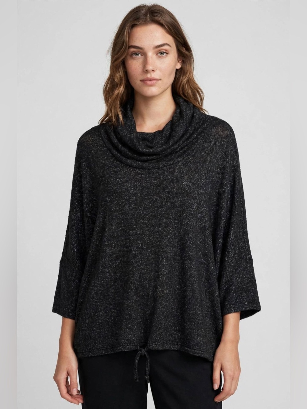 Green envelope, Heather gray cowl neck sweater